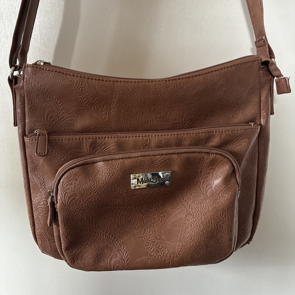 Multi Sac- Brown Faux Leather Textured Design Crossbody Bag Travel 13x10x 4"
